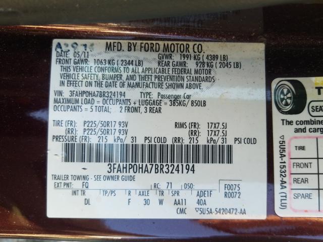 Photo 9 VIN: 3FAHP0HA7BR324194 - FORD FUSION SE 