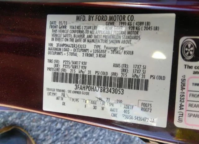 Photo 8 VIN: 3FAHP0HA7BR343053 - FORD FUSION 