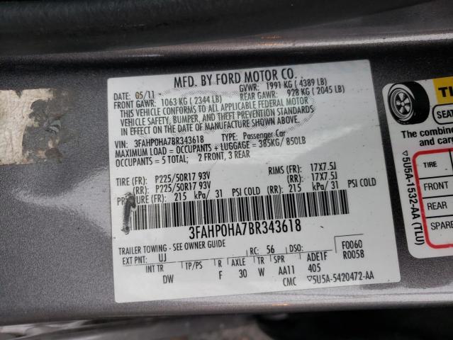 Photo 9 VIN: 3FAHP0HA7BR343618 - FORD FUSION SE 