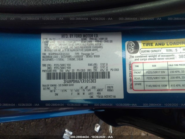 Photo 8 VIN: 3FAHP0HA7CR105303 - FORD FUSION 