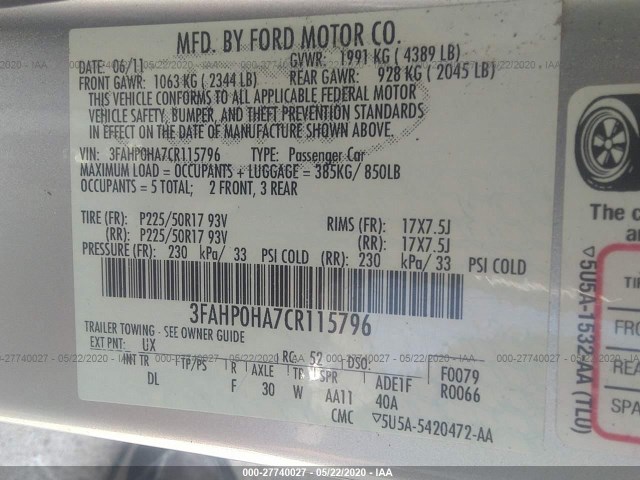 Photo 8 VIN: 3FAHP0HA7CR115796 - FORD FUSION 