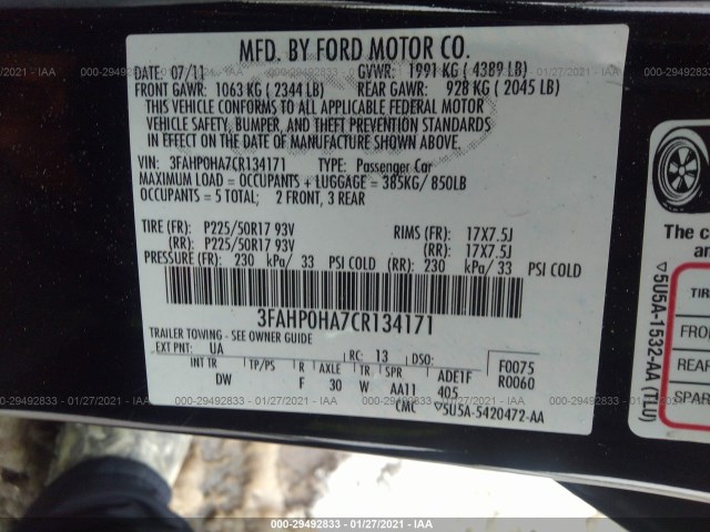 Photo 8 VIN: 3FAHP0HA7CR134171 - FORD FUSION 