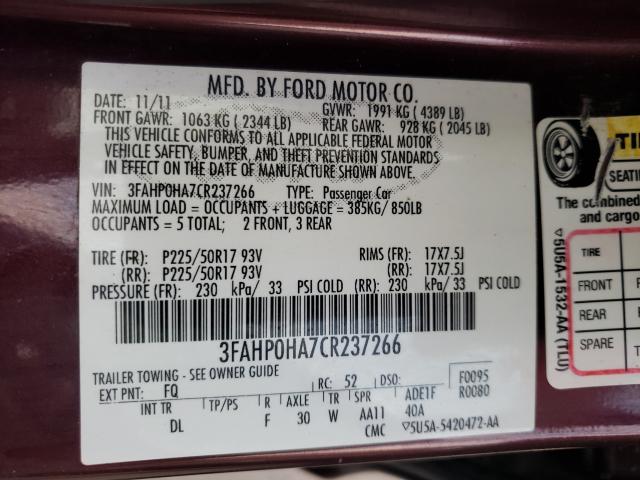 Photo 9 VIN: 3FAHP0HA7CR237266 - FORD FUSION SE 