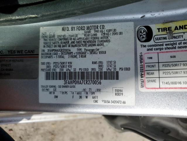 Photo 11 VIN: 3FAHP0HA7CR270056 - FORD FUSION 