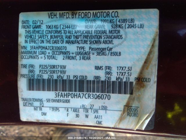 Photo 8 VIN: 3FAHP0HA7CR306070 - FORD FUSION 