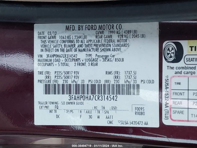 Photo 8 VIN: 3FAHP0HA7CR314542 - FORD FUSION 