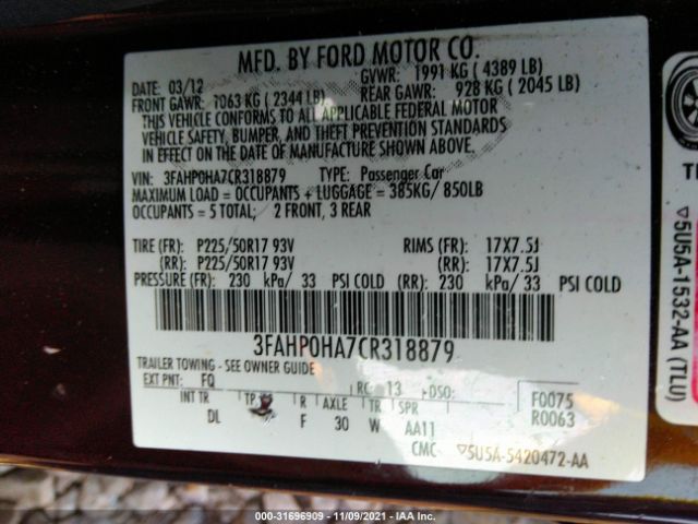 Photo 8 VIN: 3FAHP0HA7CR318879 - FORD FUSION 