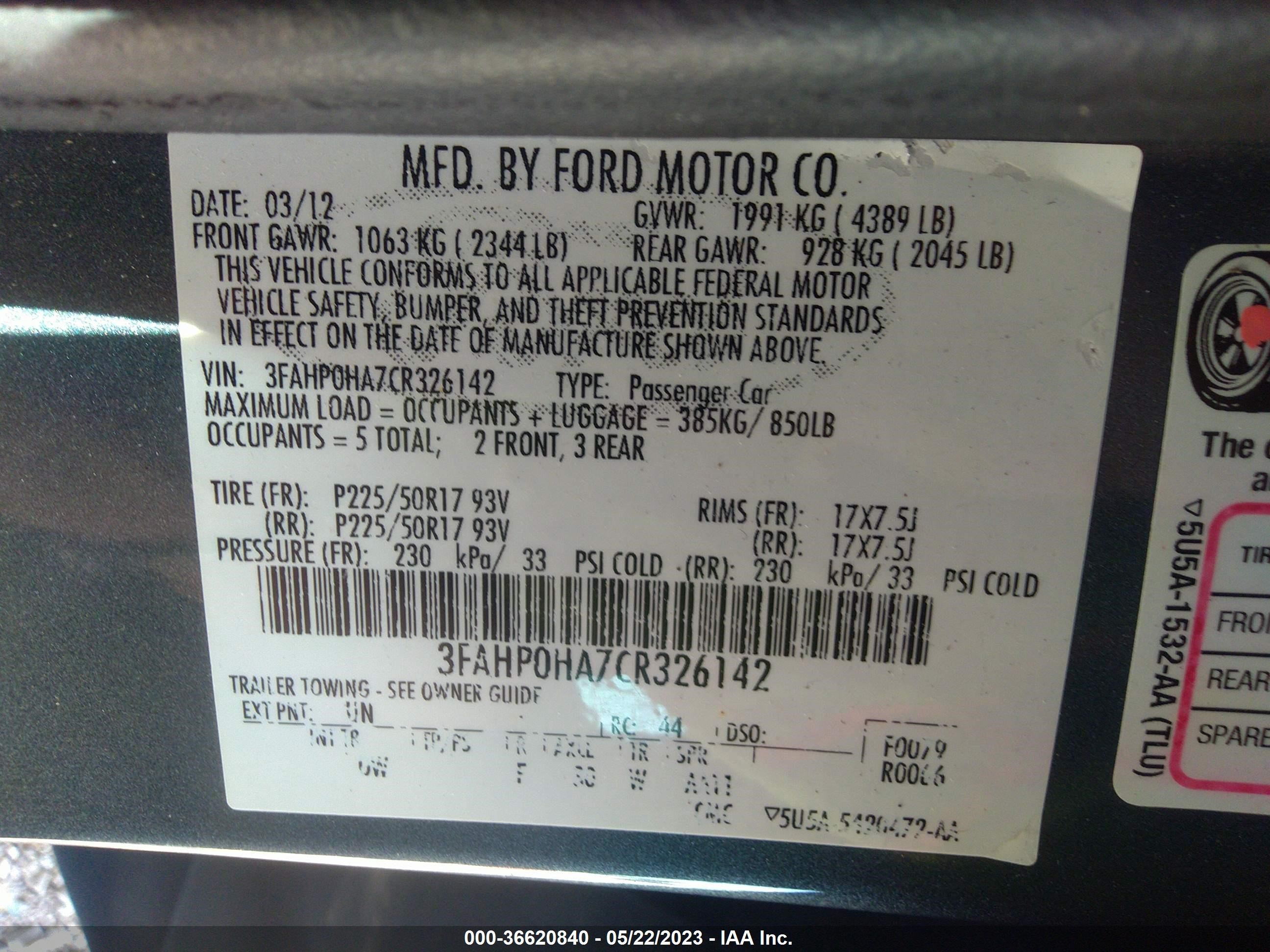 Photo 8 VIN: 3FAHP0HA7CR326142 - FORD FUSION 