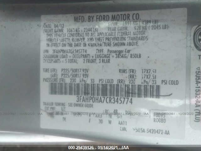 Photo 8 VIN: 3FAHP0HA7CR345774 - FORD FUSION 