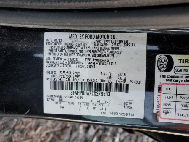 Photo 12 VIN: 3FAHP0HA7CR378533 - FORD FUSION SE 