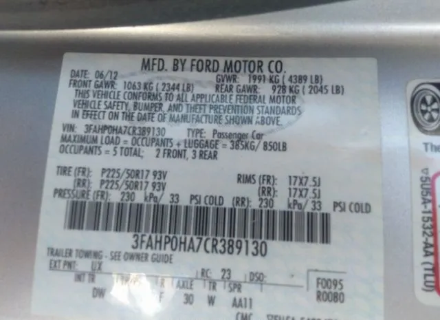 Photo 8 VIN: 3FAHP0HA7CR389130 - FORD FUSION 