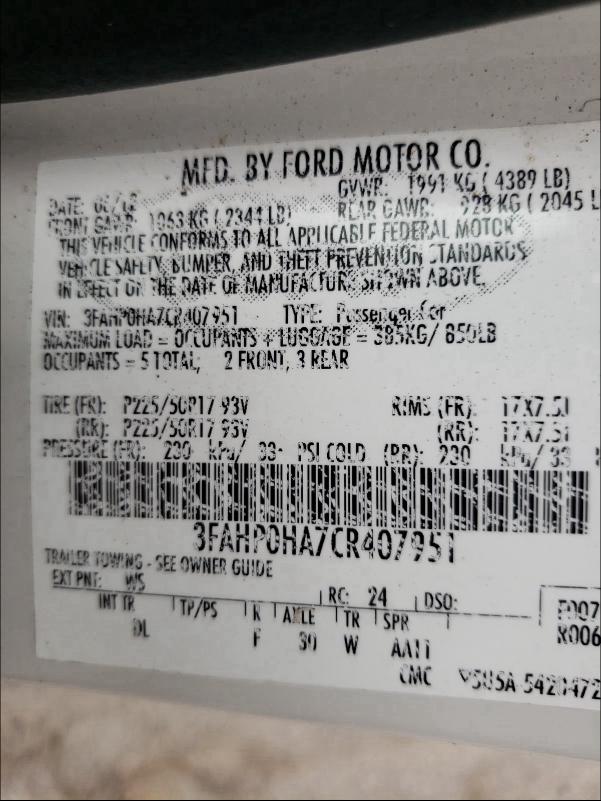 Photo 9 VIN: 3FAHP0HA7CR407951 - FORD FUSION SE 