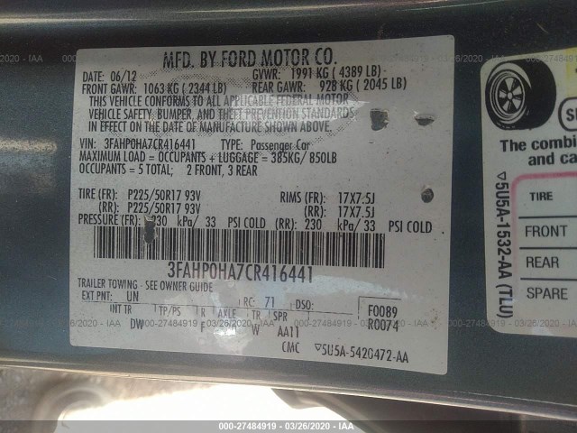 Photo 8 VIN: 3FAHP0HA7CR416441 - FORD FUSION 