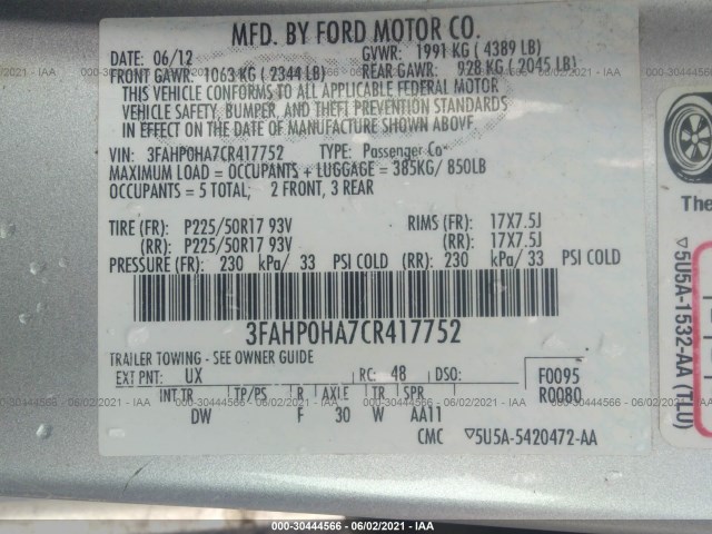 Photo 8 VIN: 3FAHP0HA7CR417752 - FORD FUSION 