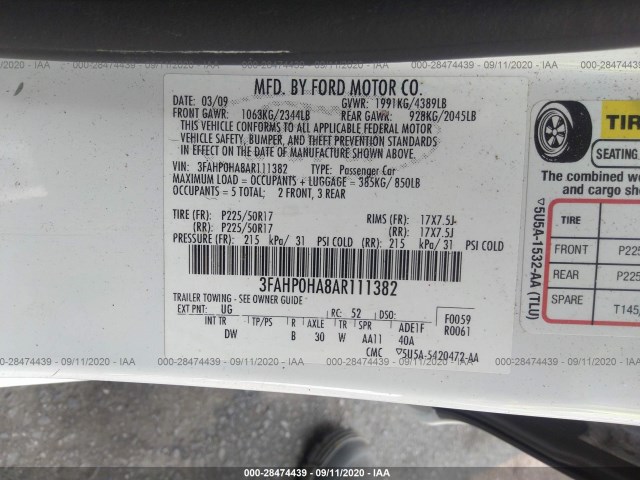 Photo 8 VIN: 3FAHP0HA8AR111382 - FORD FUSION 