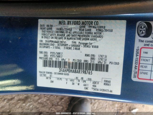 Photo 8 VIN: 3FAHP0HA8AR198765 - FORD FUSION 