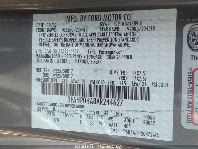 Photo 8 VIN: 3FAHP0HA8AR244627 - FORD FUSION 