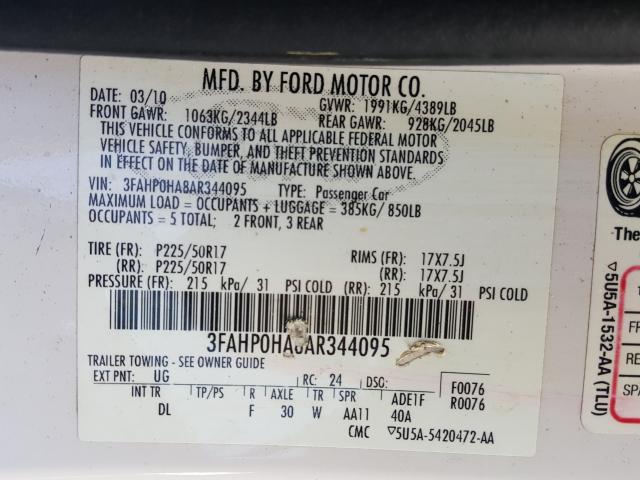 Photo 9 VIN: 3FAHP0HA8AR344095 - FORD FUSION SE 