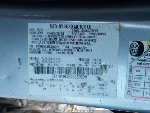 Photo 8 VIN: 3FAHP0HA8AR380529 - FORD FUSION 