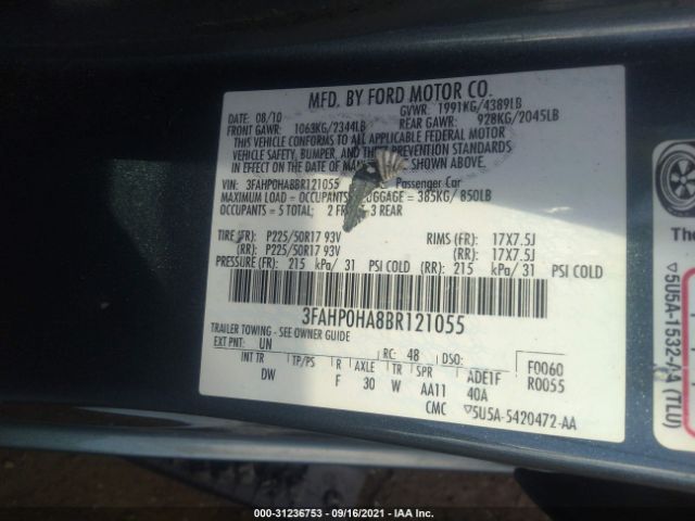 Photo 8 VIN: 3FAHP0HA8BR121055 - FORD FUSION 