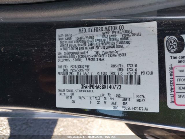 Photo 8 VIN: 3FAHP0HA8BR140723 - FORD FUSION 