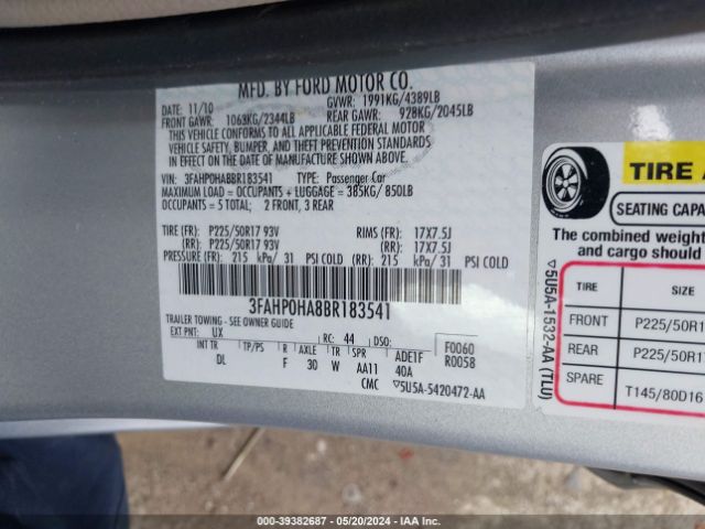 Photo 8 VIN: 3FAHP0HA8BR183541 - FORD FUSION 