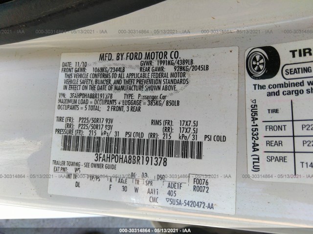 Photo 8 VIN: 3FAHP0HA8BR191378 - FORD FUSION 