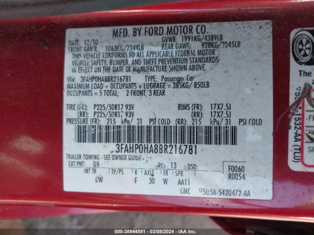 Photo 8 VIN: 3FAHP0HA8BR216781 - FORD FUSION 