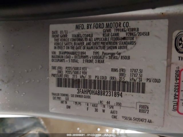 Photo 8 VIN: 3FAHP0HA8BR231894 - FORD FUSION 