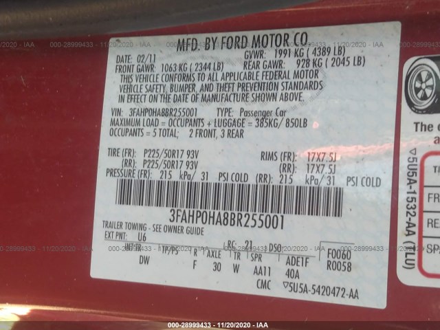 Photo 8 VIN: 3FAHP0HA8BR255001 - FORD FUSION 