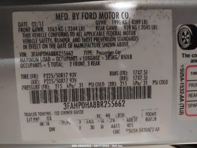 Photo 8 VIN: 3FAHP0HA8BR255662 - FORD FUSION 