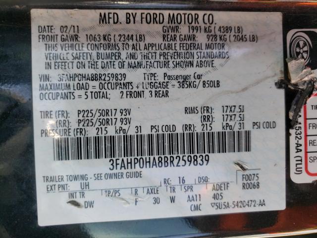 Photo 9 VIN: 3FAHP0HA8BR259839 - FORD FUSION SE 