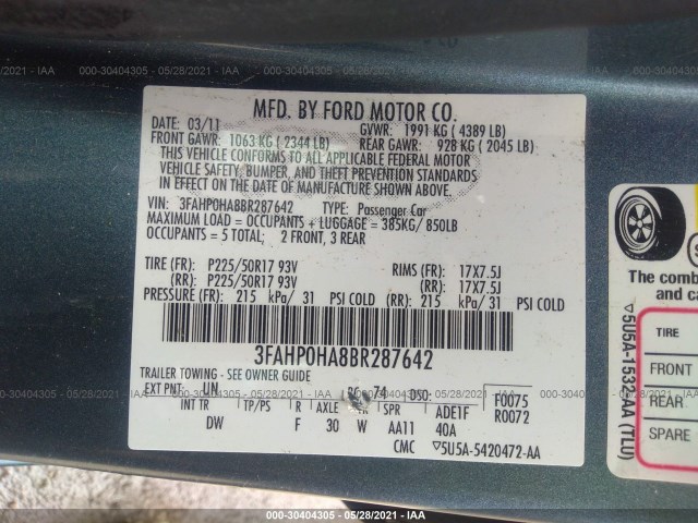 Photo 8 VIN: 3FAHP0HA8BR287642 - FORD FUSION 