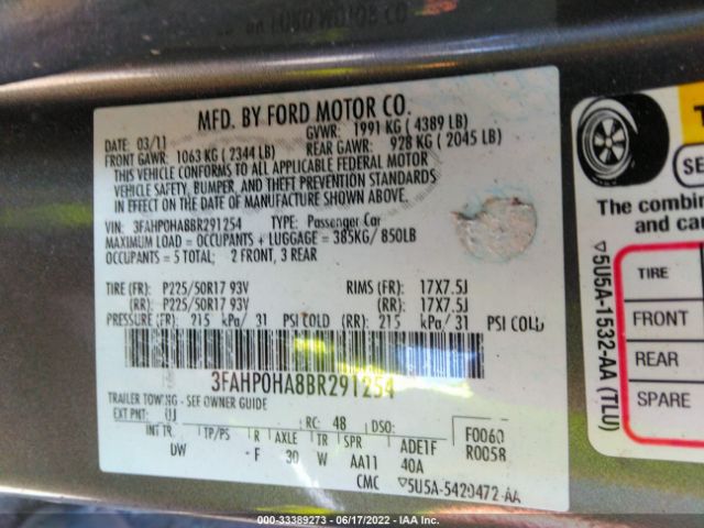 Photo 8 VIN: 3FAHP0HA8BR291254 - FORD FUSION 