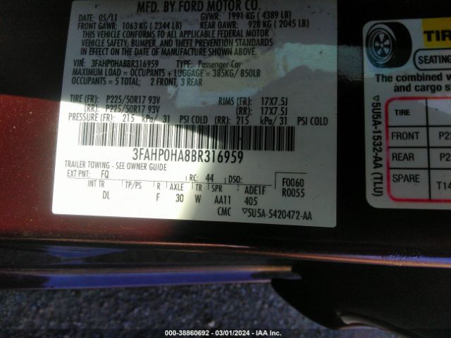 Photo 8 VIN: 3FAHP0HA8BR316959 - FORD FUSION 