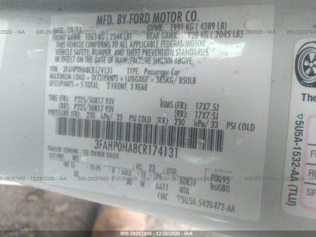 Photo 8 VIN: 3FAHP0HA8CR174131 - FORD FUSION 