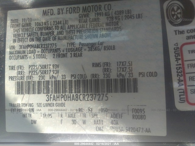 Photo 8 VIN: 3FAHP0HA8CR237275 - FORD FUSION 