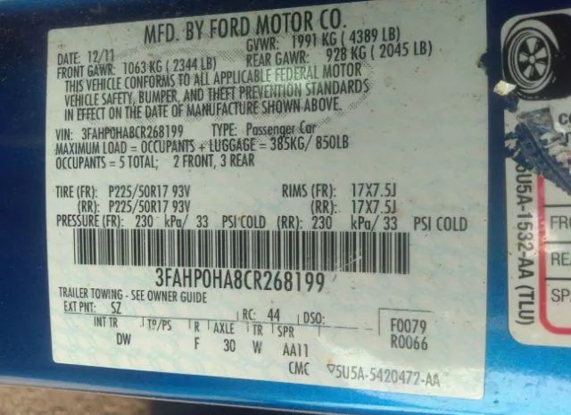 Photo 8 VIN: 3FAHP0HA8CR268199 - FORD FUSION 