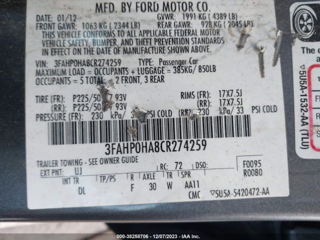 Photo 8 VIN: 3FAHP0HA8CR274259 - FORD FUSION 