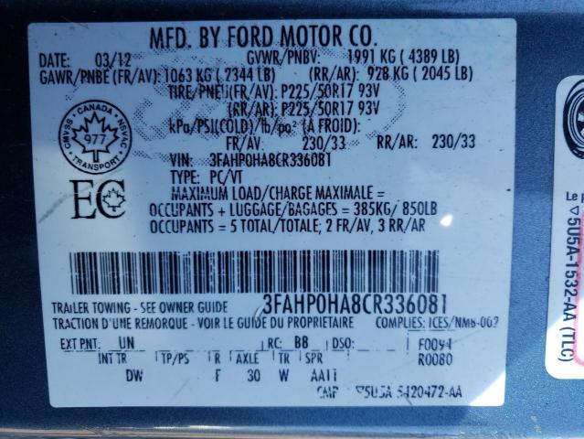 Photo 9 VIN: 3FAHP0HA8CR336081 - FORD FUSION SE 