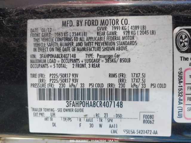 Photo 8 VIN: 3FAHP0HA8CR407148 - FORD FUSION 