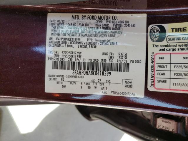 Photo 9 VIN: 3FAHP0HA8CR418599 - FORD FUSION SE 