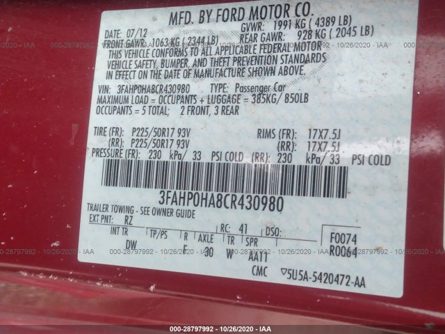 Photo 8 VIN: 3FAHP0HA8CR430980 - FORD FUSION 