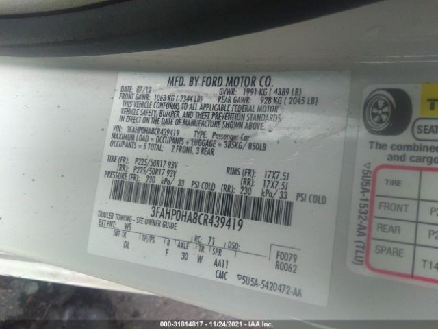 Photo 8 VIN: 3FAHP0HA8CR439419 - FORD FUSION 