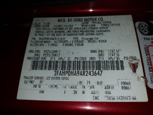 Photo 9 VIN: 3FAHP0HA9AR243647 - FORD FUSION SE 