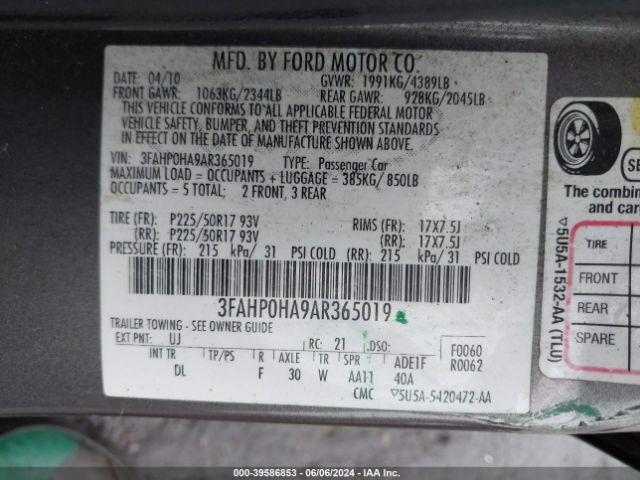 Photo 8 VIN: 3FAHP0HA9AR365019 - FORD FUSION 