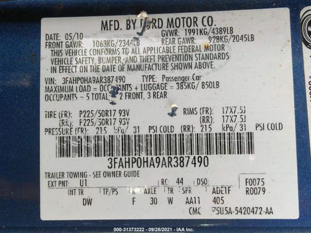 Photo 8 VIN: 3FAHP0HA9AR387490 - FORD FUSION 