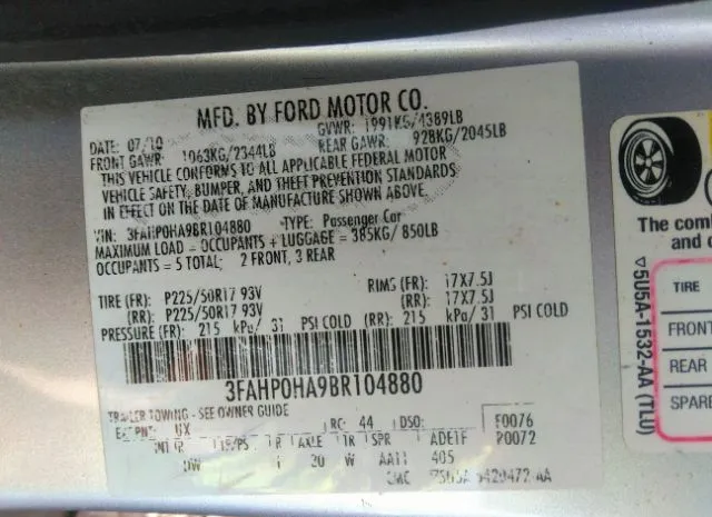 Photo 8 VIN: 3FAHP0HA9BR104880 - FORD FUSION 