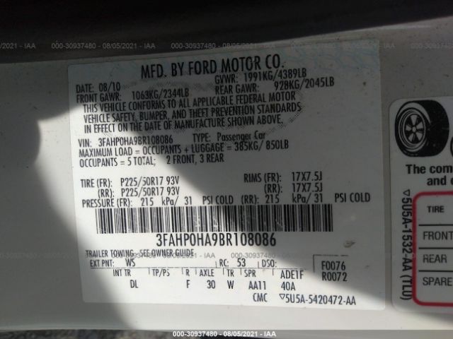 Photo 8 VIN: 3FAHP0HA9BR108086 - FORD FUSION 