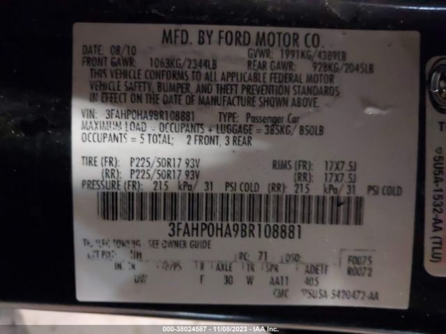 Photo 8 VIN: 3FAHP0HA9BR108881 - FORD FUSION 